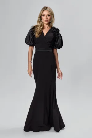 Rochie de ocazie premium tip sirena cu flori 3D si strass-uri Otima Neagra