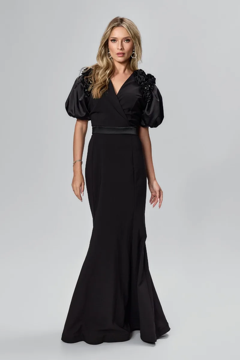 Rochie de ocazie premium tip sirena cu flori 3D si strass-uri Otima Neagra