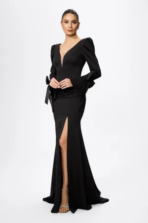 Rochie de ocazie premium tip sirena cu fundite la maneci Amati Neagra