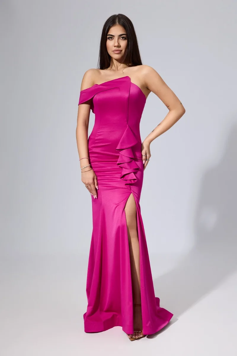 Rochie de ocazie premium tip sirena cu model one shoulder Dellora Fucsia