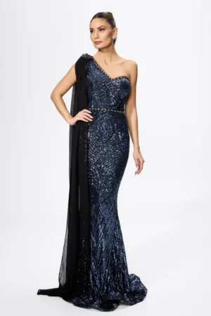 Rochie de ocazie premium tip sirena cu paiete si strass-uri Leonessa Bleumarin
