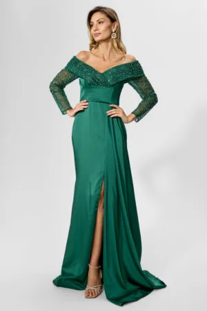 Rochie de ocazie premium tip sirena cu strass-uri si detaliu tip esarfa din talie Idonia Verde