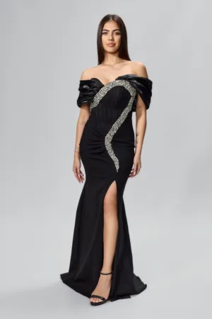 Rochie de ocazie premium tip sirena cu strass-uri si organza Santesa Neagra