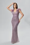 Rochie de ocazie premium tip sirena cu strass-uri si pene Gloriana Lila