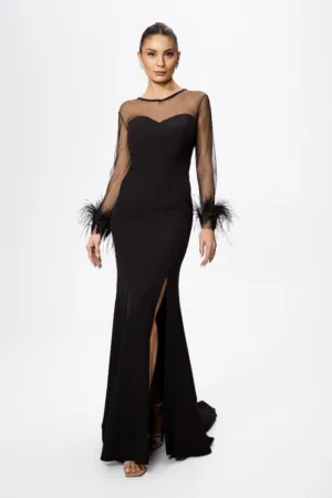 Rochie de ocazie premium tip sirena cu tull si pene The One Neagra