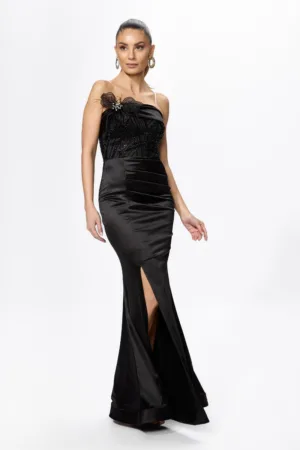 Rochie de ocazie premium tip sirena din licra satinat cu paiete si strass-uri Osiria Neagra