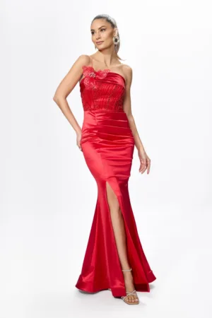 Rochie de ocazie premium tip sirena din licra satinat cu paiete si strass-uri Osiria Rosie