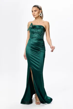 Rochie de ocazie premium tip sirena din licra satinat cu paiete si strass-uri Osiria Verde