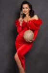 Rochie de ocazie rosie Amora midi cu umeri cazuti si fulgi