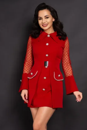 Rochie de ocazie rosie Naomi cu nasturi pretiosi si fusta detasabila