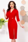 Rochie de ocazie rosie conica cu maneci trei sferturi si revere