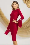 Rochie de ocazie rosie eleganta cu aplicatii din cristale si maneci tip petale
