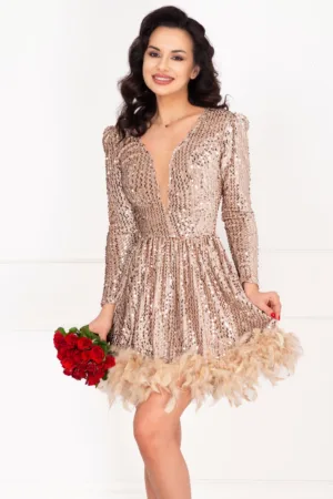 Rochie de ocazie scurta Jessica bej in clos cu paiete