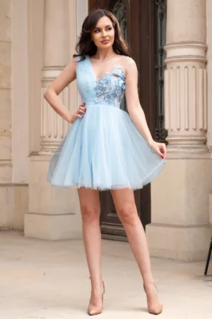 Rochie de ocazie scurta din tulle bleu cu flori 3D brodate