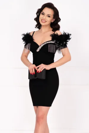 Rochie de ocazie scurta neagra Mercia decorata cu strassuri si fulgi