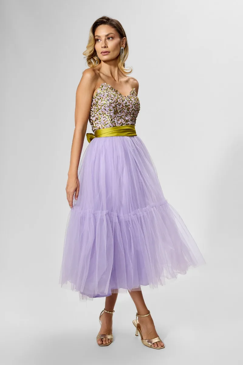 Rochie de ocazie tip baby doll din tull cu paiete Lidiane Lila