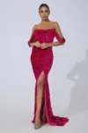 Rochie de ocazie tip sirena din catifea cu paiete Philomena Fucsia