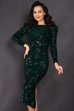 Rochie de ocazie verde Ilona din paiete cu funda la spate