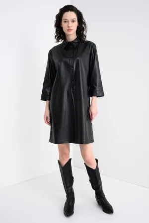 Rochie de piele ecologica cu maneri 3/4