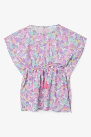 Rochie de plaja cu snur si imprimeu unicorn