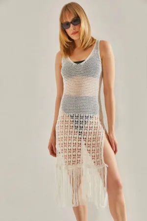 Rochie de plaja pentru dama - Tricot - Ecru -