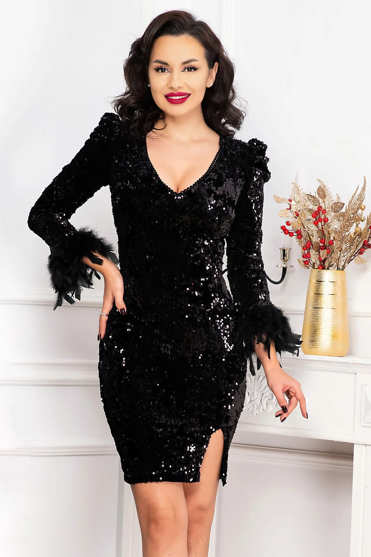 Rochie de seara Elma pretioasa neagra cu paiete si fulgi