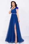 Rochie de seara Gratiela albastru royal cu perle in talie si accesoriu tip fulgi
