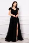 Rochie de seara Gratiela neagra cu perle in talie si accesoriu tip fulgi
