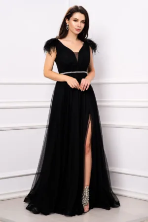 Rochie de seara Gratiela neagra cu perle in talie si accesoriu tip fulgi