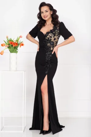 Rochie de seara Madalina neagra tip sirena cu flori 3D