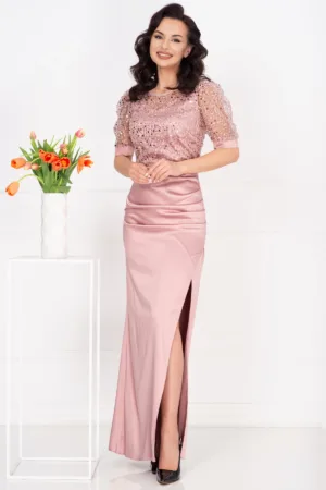Rochie de seara Sophia roz din tafta cu bust din paiete