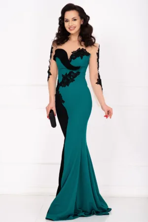 Rochie de seara Twilla verde tip sirena cu broderie aplicata