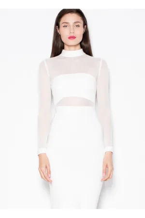 Rochie de seara alb - tricotaje confortabile - maneci lungi - plasa transparenta -