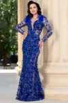 Rochie de seara albastru royal Alejandra cu paiete si flori decorative
