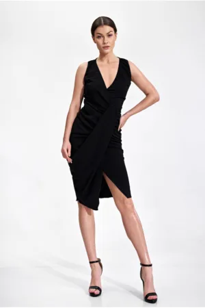 Rochie de seara asimetrica M858 - cu volane - neagra - poliester-elastan