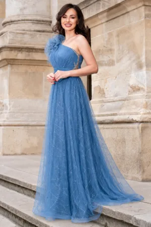 Rochie de seara bleu Clio din tulle brodat cu floare 3D pe umar si strassuri