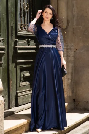 Rochie de seara bleumarin Giorgia lunga din tafta cu maneci paietate