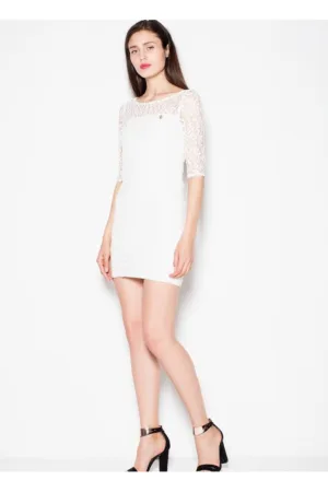 Rochie de seara dantela - maneci 3/4 - alb - elastan 5% - poliester 95%