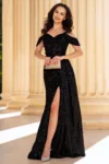 Rochie de seara din paiete negre Cecilia cu trena pe o parte