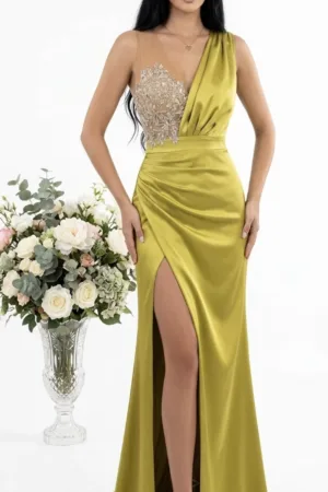 Rochie de seara din tafta de culoare fistic prevazuta cu broderie la bust