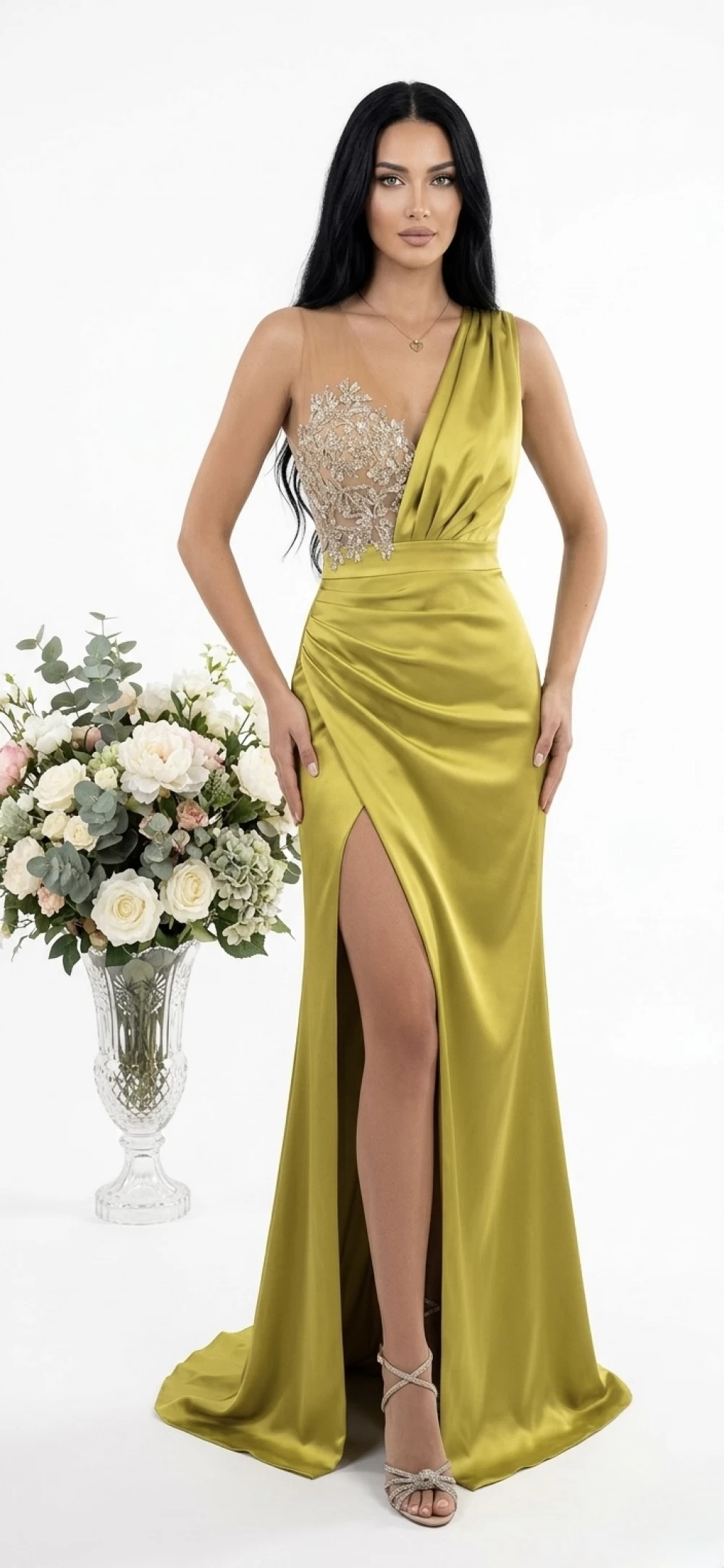 Rochie de seara din tafta de culoare fistic prevazuta cu broderie la bust