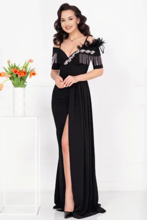 Rochie de seara eleganta Alizee neagra cu trena pe o parte si strassuri