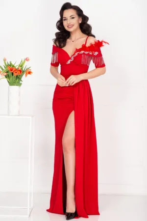 Rochie de seara eleganta Alizee rosie cu trena pe o parte si strassuri