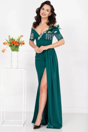 Rochie de seara eleganta Alizee verde cu trena pe o parte si strassuri