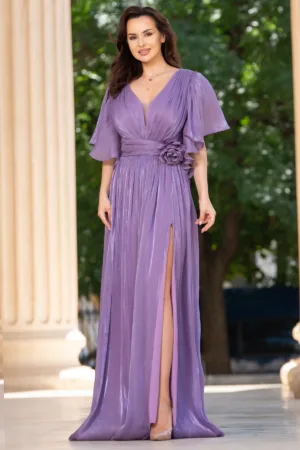 Rochie de seara eleganta Fausta lila cu maneci fluture si floare 3D