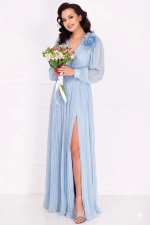 Rochie de seara eleganta Gabriella bleu cu drapaje si floare 3D
