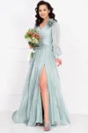 Rochie de seara eleganta Gabriella mint cu drapaje si floare 3D