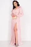 Rochie de seara eleganta Gabriella roz cu drapaje si floare 3D