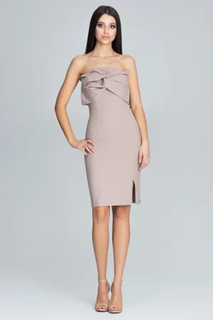 Rochie de seara eleganta - fara bretele - bej - cu fundita - poliester