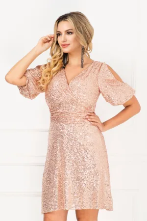 Rochie de seara eleganta in clos InPuff cu paiete aurii si maneca gogosar